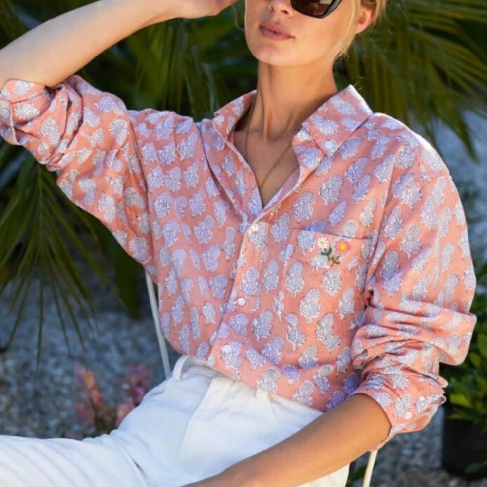 Emerson Fry India Collection Ryan Shirt Block Print Embroidered Flowers Size XS - Picture 3 of 11
